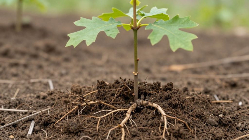 Planting an oak tree sapling in soil with visible roots and green leaves.