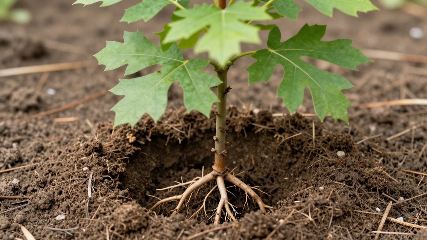 Oak tree sapling planting root flare and depth Young oak tree sapling being planted in a dug hole with exposed roots and green foliage.
