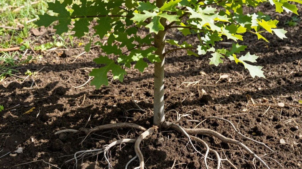 Planting an oak tree sapling in garden soil with exposed roots and green leaves.