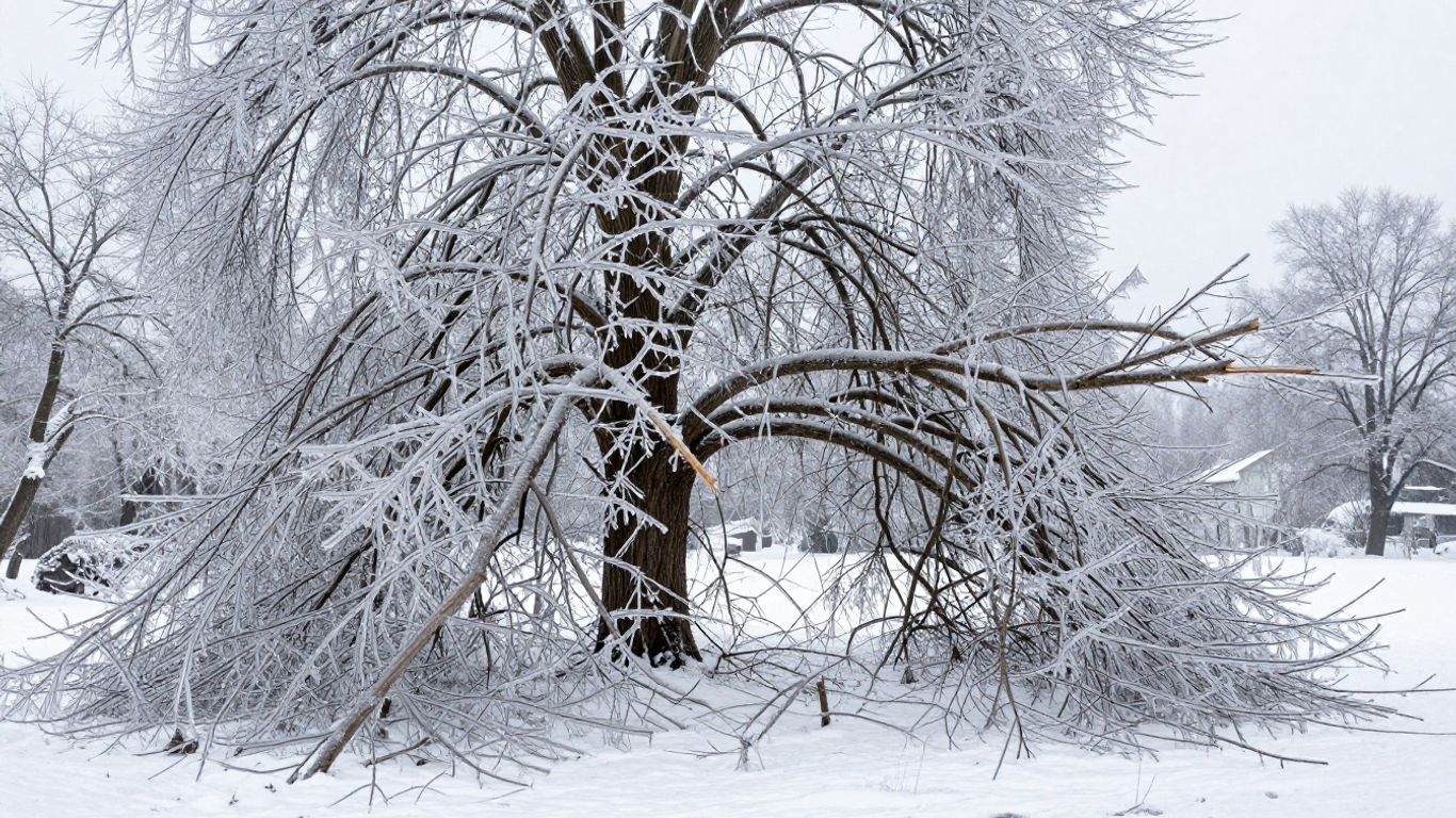 Damaged tree with cracked branches and ice accumulation after a winter storm