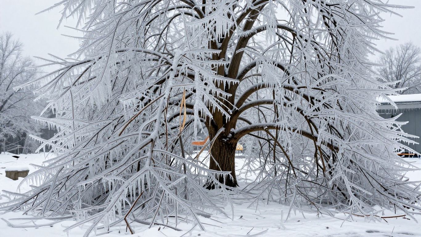 Large tree limbs fallen after ice buildup demonstrating tree damage from ice storm conditions