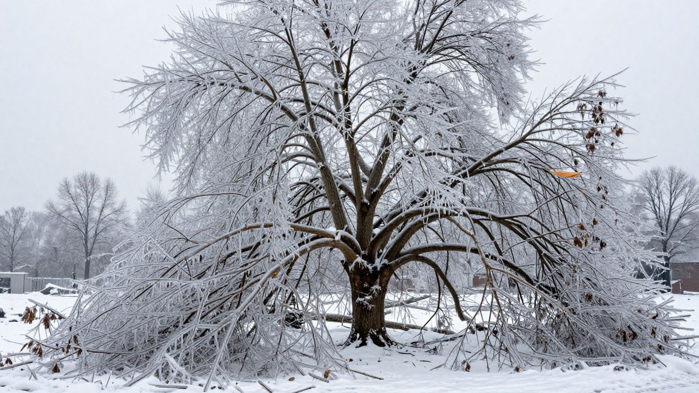 Tree branches broken and weighed down by ice showing damage from an ice storm in a residential yard