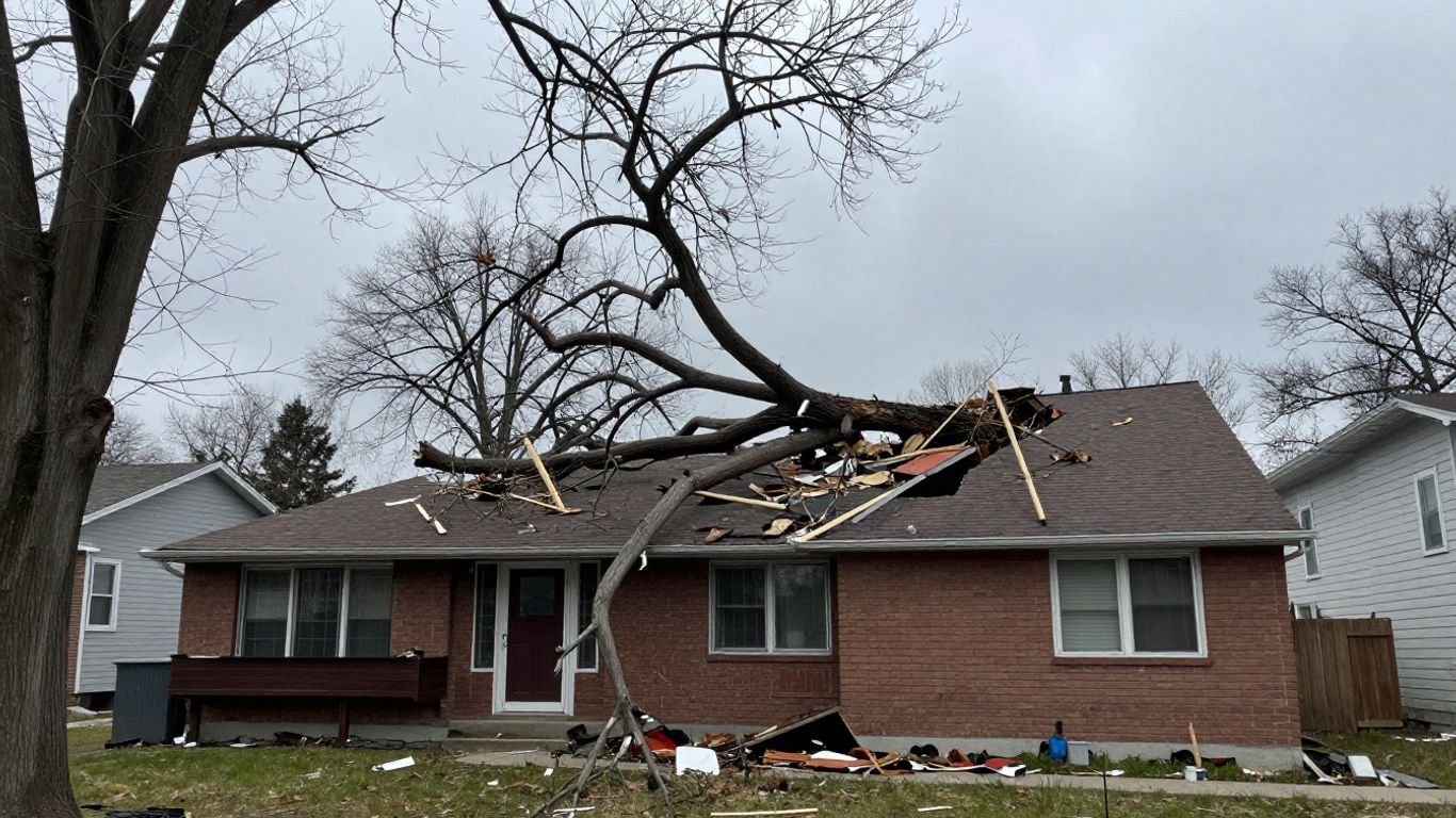 Tree Fell on House After Storm Damage Large tree fallen on a house roof causing visible structural damage after a storm
