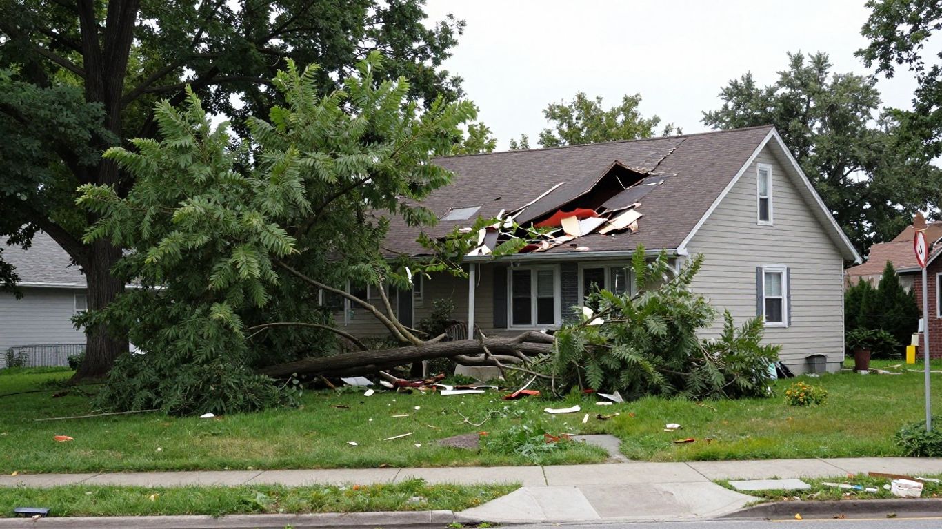 Tree falls on house with broken branches and damage to roof and exterior walls