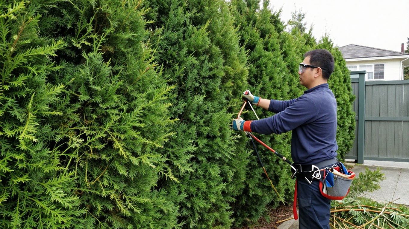 Cedar Bush Pruning Arborist shaping dense cedar hedge carefully.