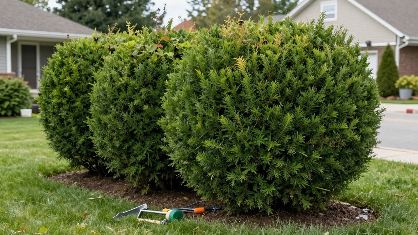 Cedar Hedge Trimming in Progress Professional cedar hedge trimming underway on a residential property.