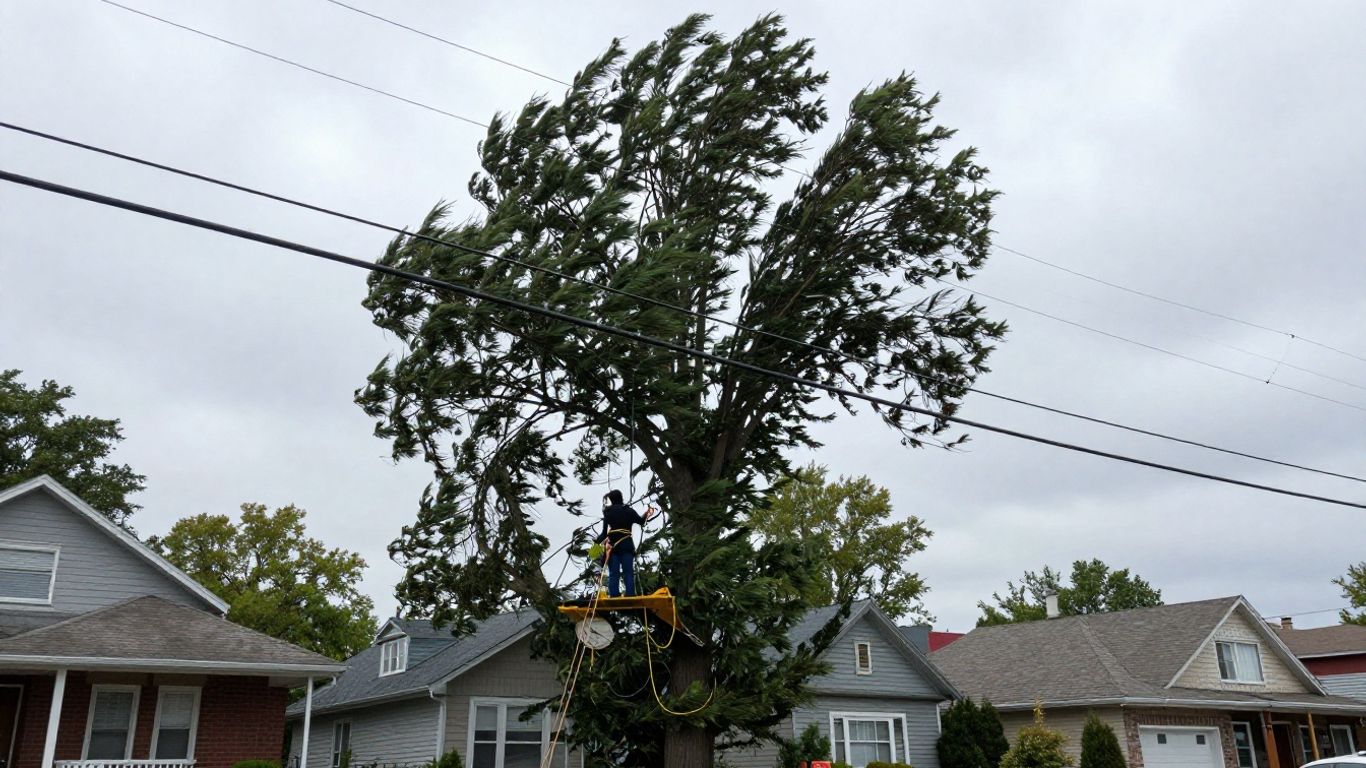 Leaning Tree Over a Hydro Line Leaning tree near a hydro power line requiring professional removal assessment in Toronto.