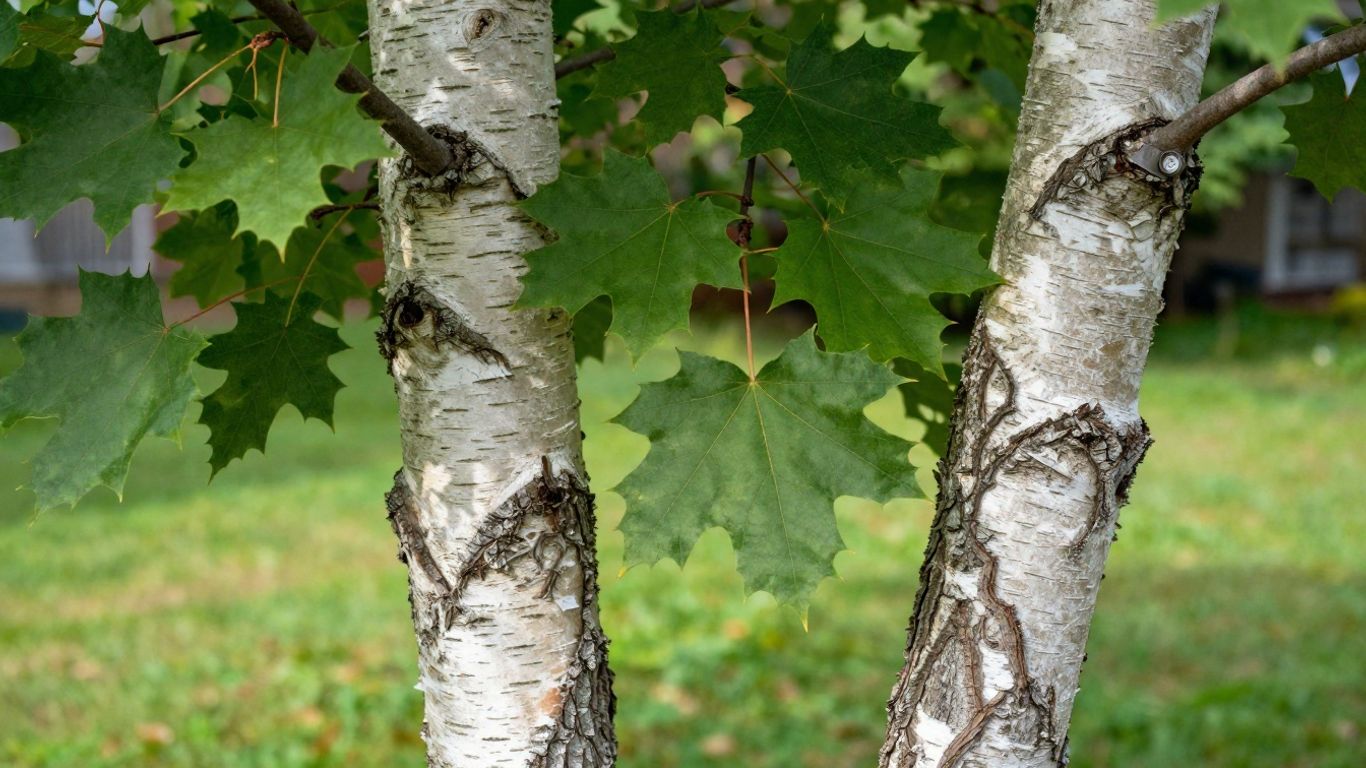 Maple, Oak, and Birch Leaf Comparison Side-by-side leaf comparison for identifying maple, oak, and birch trees.