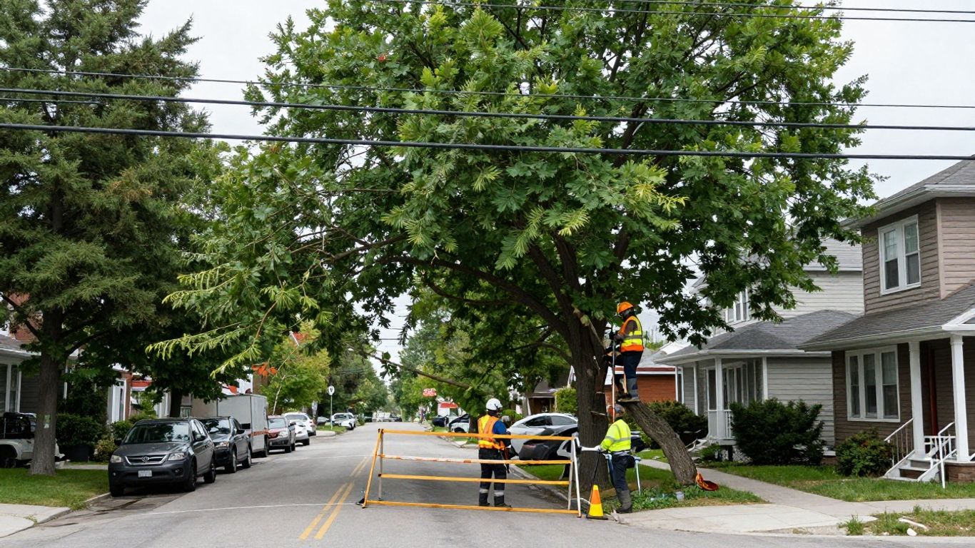 Tree Cutting Near Power Lines in Toronto Arborist assessing a tree branch close to a power line in Toronto.